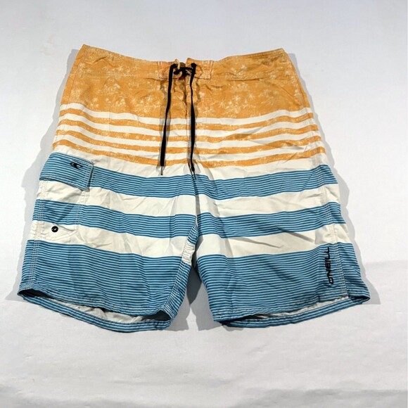ONeill Board Shorts Mens 33 Orange Blue Striped Swim Trunks Surf Drawstring - Picture 1 of 13